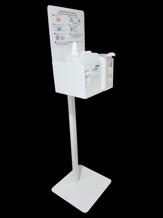 STATION DE DISTRIBUTION DE PRODUITS DESINFECTANTS ET MASQUES AVEC PANNEAU DE COMMUNICATION